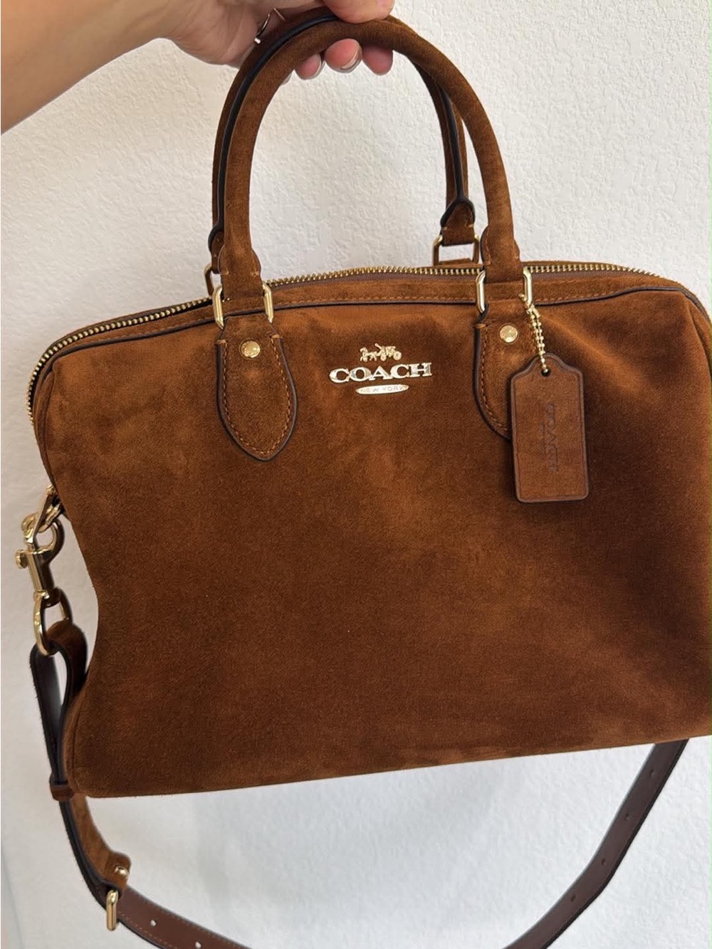 COACH large Rowan 
Warm Brown Suede Satchel with Gold Hardware